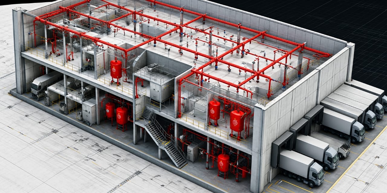 Modelo BIM tridimensional de galpão com sistema completo de sprinklers, hidrantes e reservas técnicas