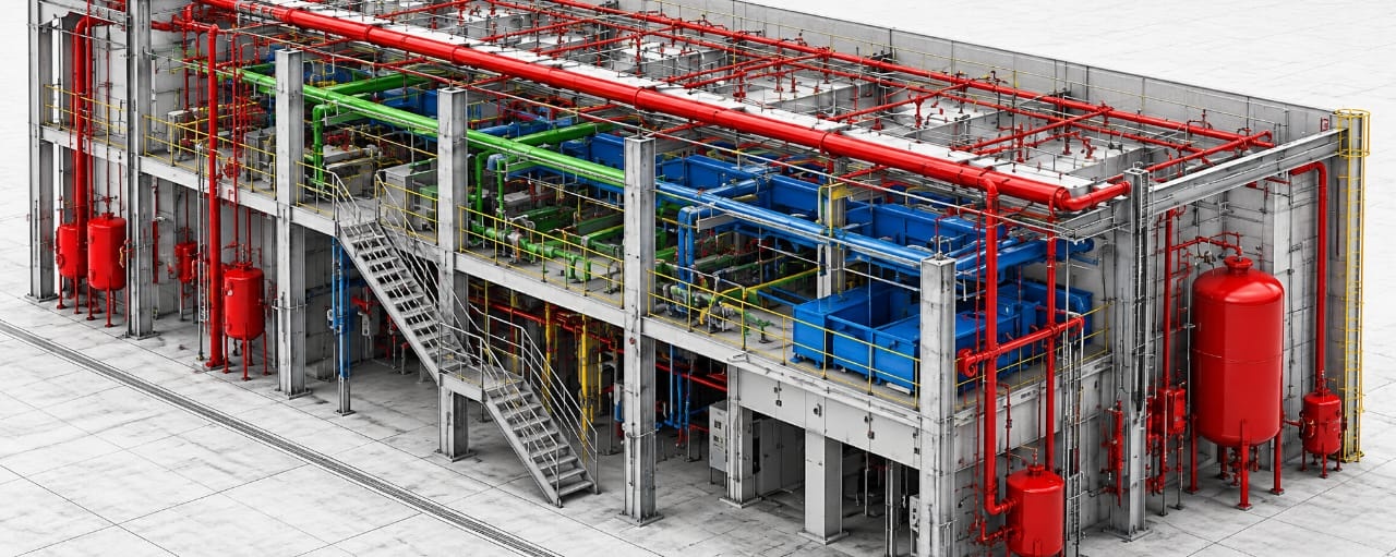 Modelo BIM federado mostrando disciplinas compatibilizadas por cor: incêndio, hidráulico, elétrico, HVAC e estrutural