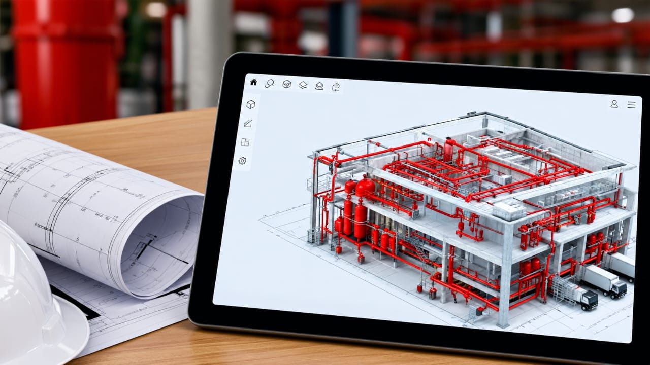 Equipe técnica com tablet acompanhando execução de obra com modelo BIM