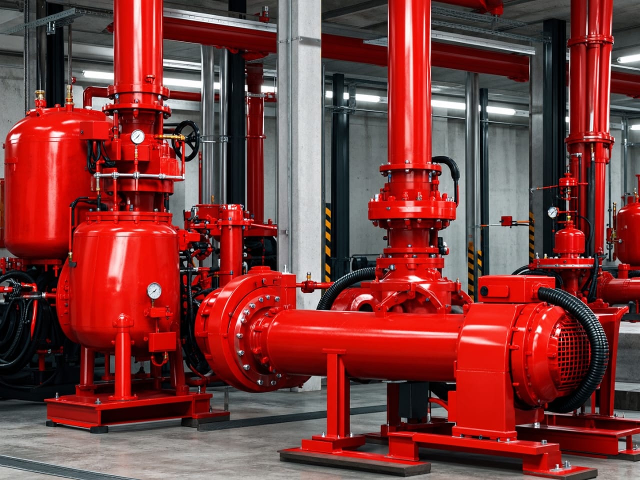 Rede de sprinklers automáticos instalada em obra, pintada de vermelho